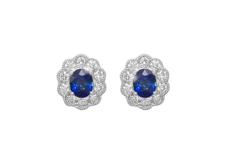 Blue Sapphire and Diamond Cluster 18K White Gold Stud Earrings