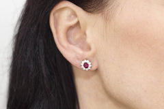 Ruby and Diamond Cluster 18K White Gold Stud Earrings