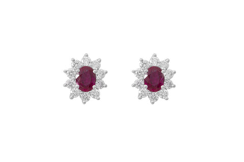 Ruby and Diamond Cluster 18K White Gold Stud Earrings