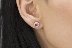 Ruby and Diamond Cluster 18K White Gold Stud Earrings