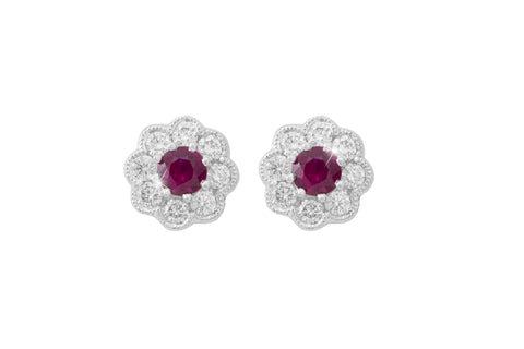 Ruby and Diamond Cluster 18K White Gold Stud Earrings