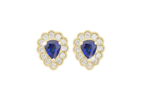 Blue Sapphire and Diamond Cluster 18K Yellow Gold Stud Earrings