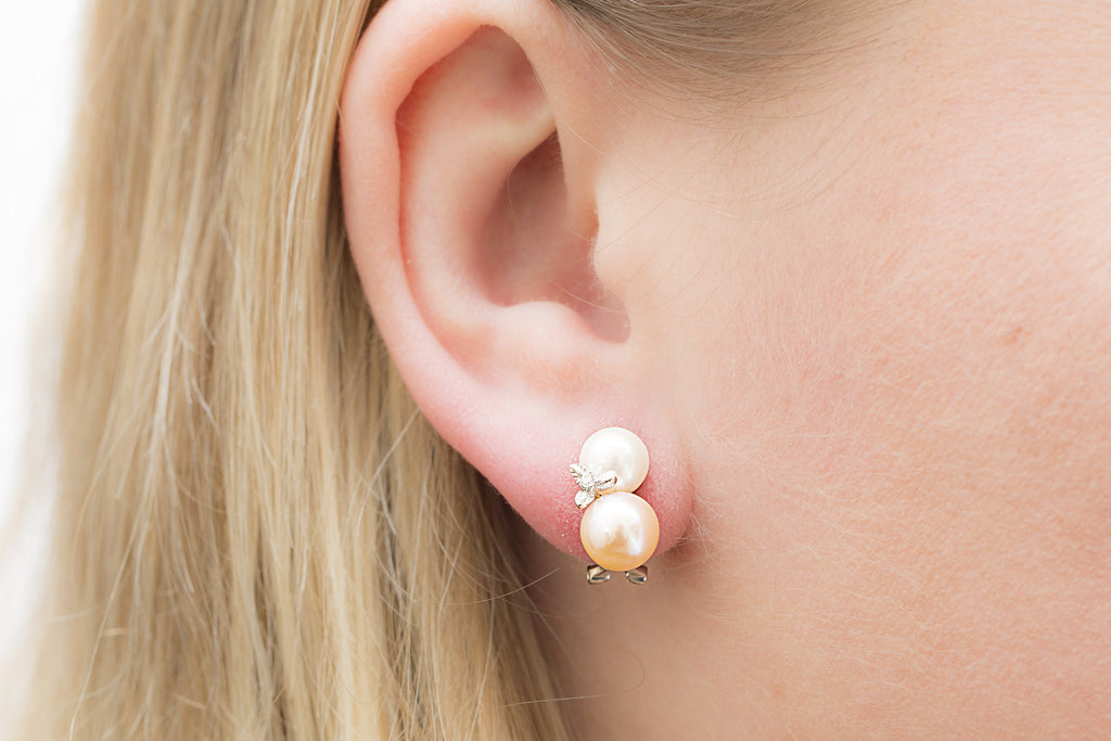 Pink & White Pearl and Diamond 18K White Gold Earrings