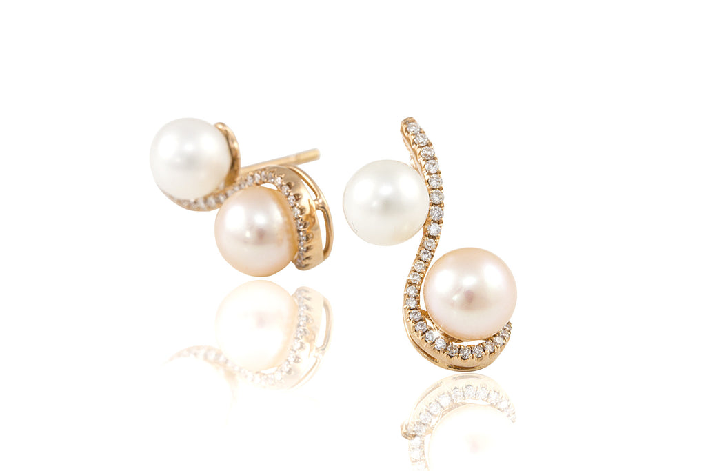 Pink & White Pearl and Diamond 18K Rose Gold Earrings
