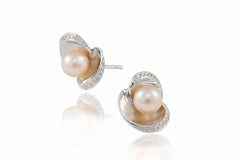 Pink Pearl and Diamond Flower Design 18K White Gold Earrings
