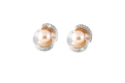 Pink Pearl and Diamond Flower Design 18K White Gold Earrings