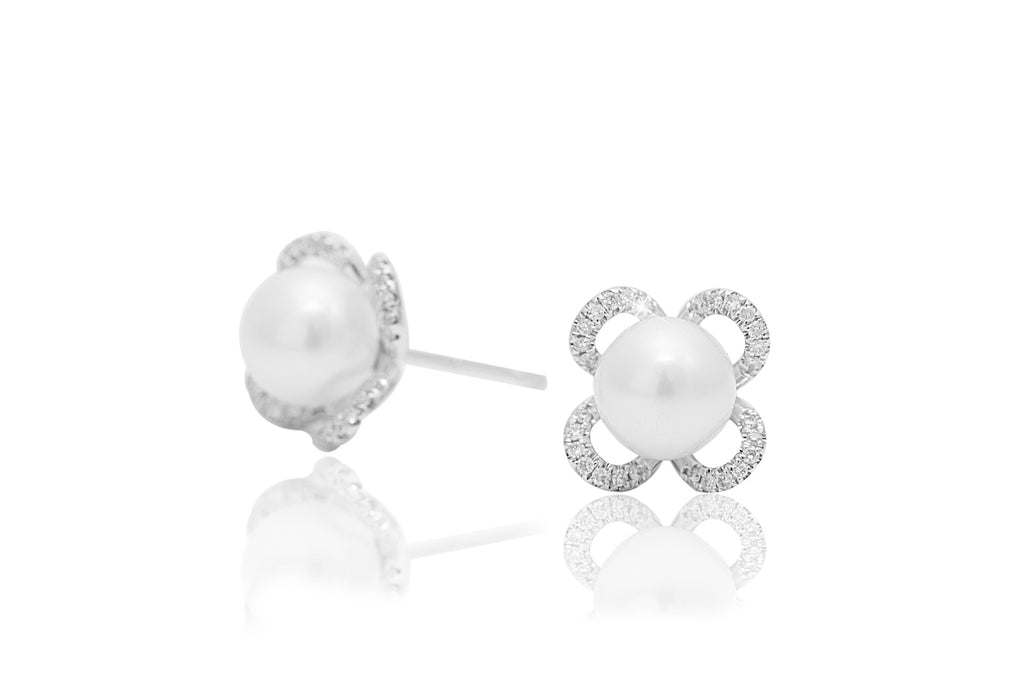 Pearl and Diamond Clover Design 18K White Gold Earrings