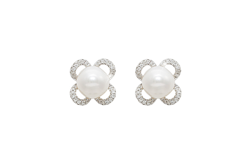Pearl and Diamond Clover Design 18K White Gold Earrings