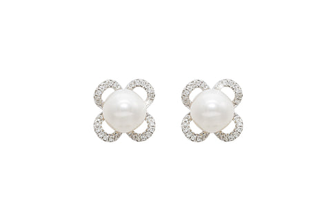 Pearl and Diamond Clover Design 18K White Gold Earrings