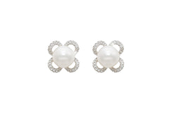 Pearl and Diamond Clover Design 18K White Gold Earrings