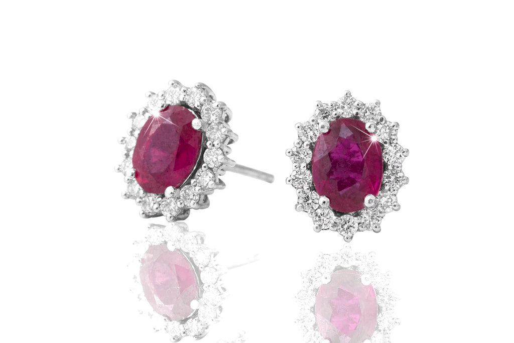 Oval Cut Ruby  and Diamond Cluster 18K White Gold Stud Earrings