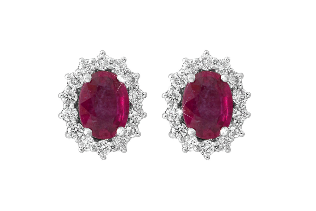 Oval Cut Ruby  and Diamond Cluster 18K White Gold Stud Earrings