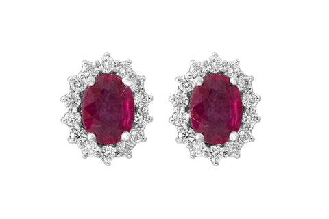 Oval Cut Ruby  and Diamond Cluster 18K White Gold Stud Earrings