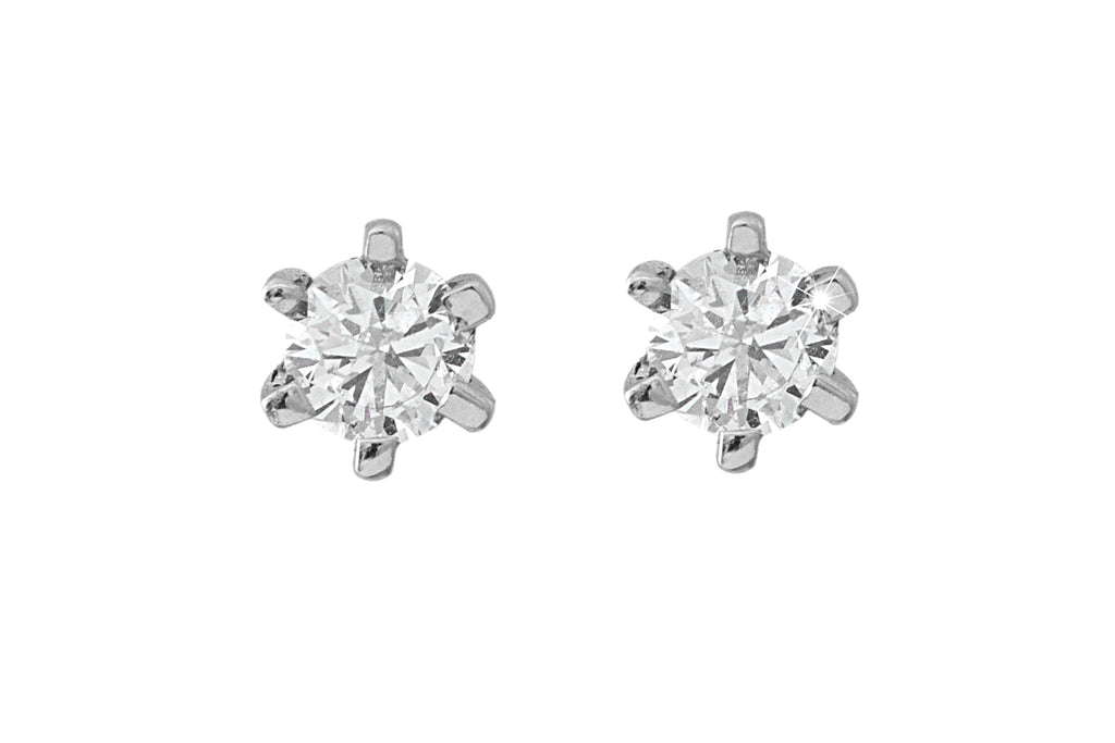 Six Claws Setting Round Brilliant Cut Diamond 18K  White Gold Stud Earrings
