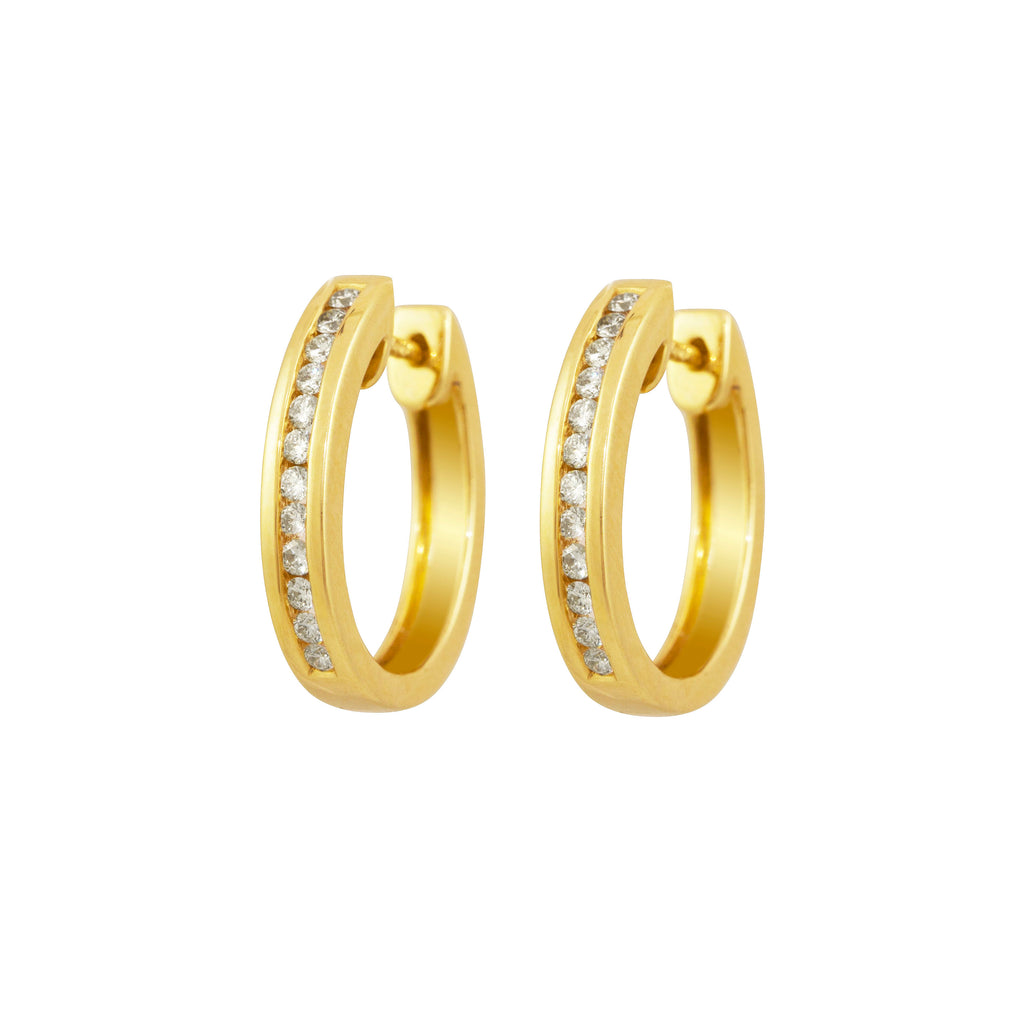 Diamond Channel Set Hoop 18K Yellow Gold Earrings