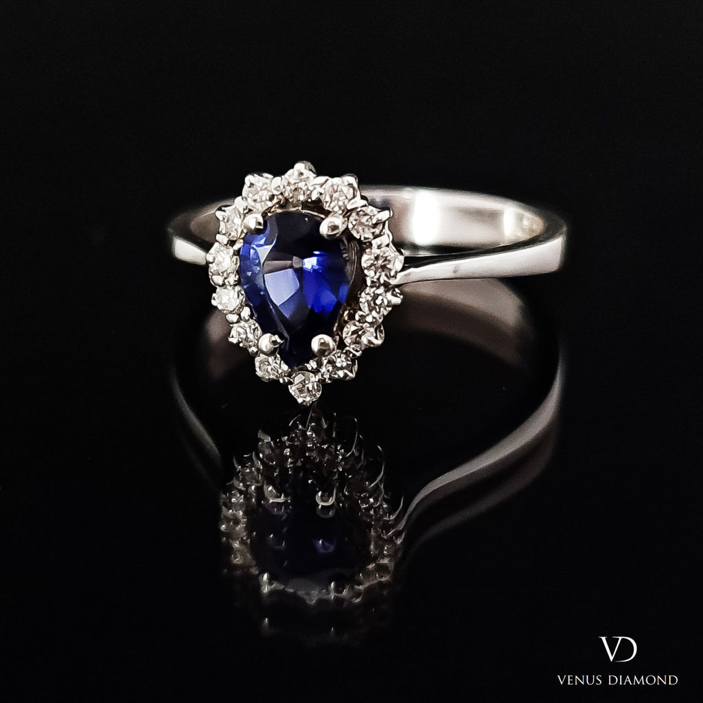 18k White Gold Diamond and Pear Cut  Sapphire Cluster Ring