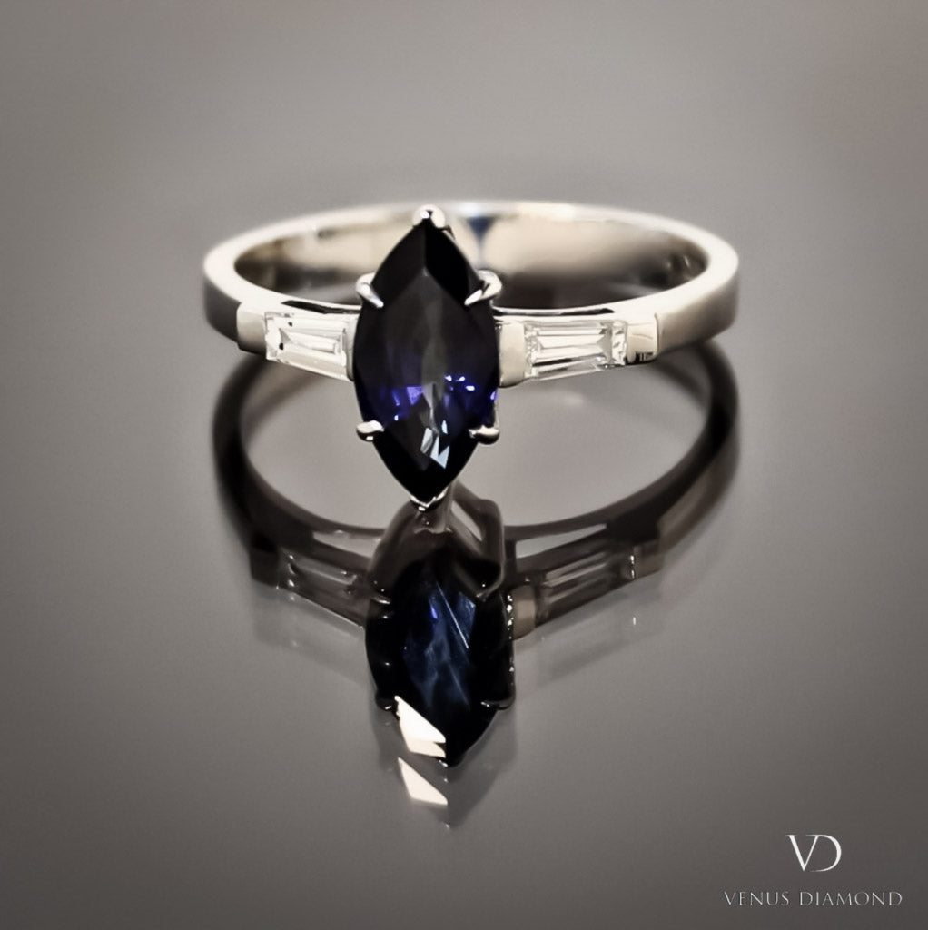 18k White Gold Diamond and Marquise Sapphire Ring