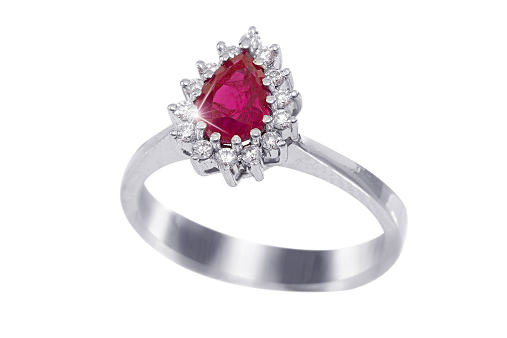 Pear Shaped Ruby and Diamond 14K White Gold Ring
