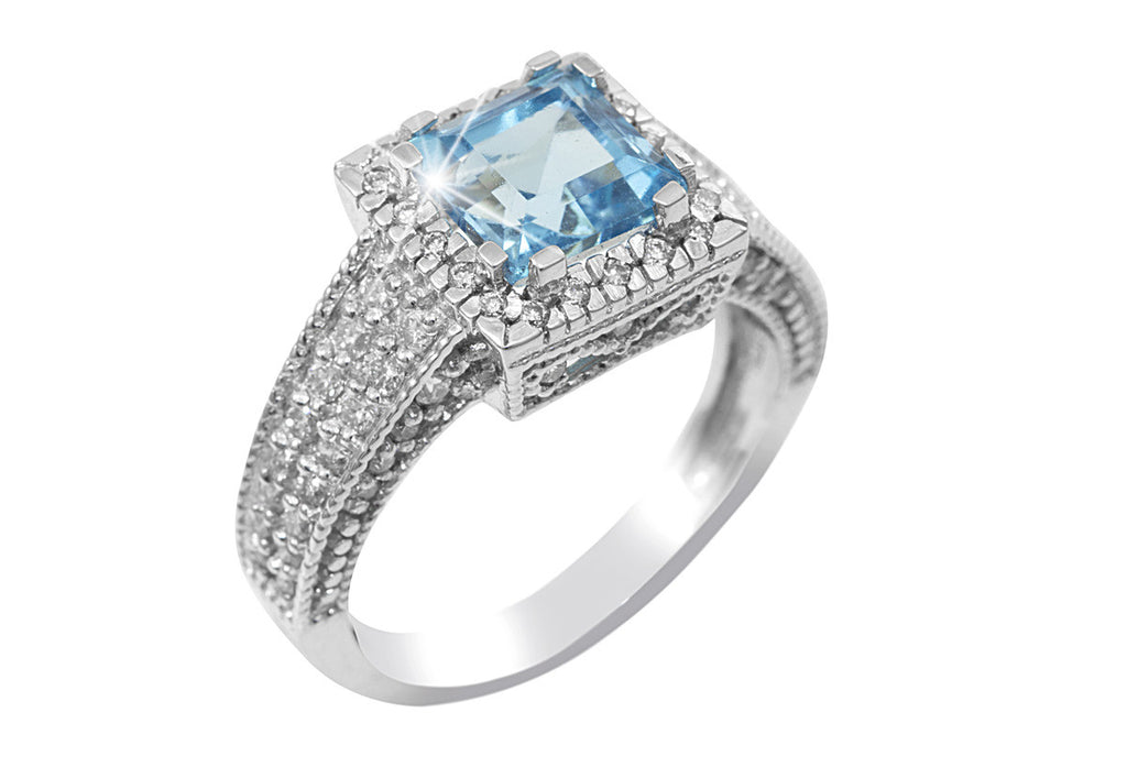 Blue Topaz and Diamond Fancy 18K White Gold Ring