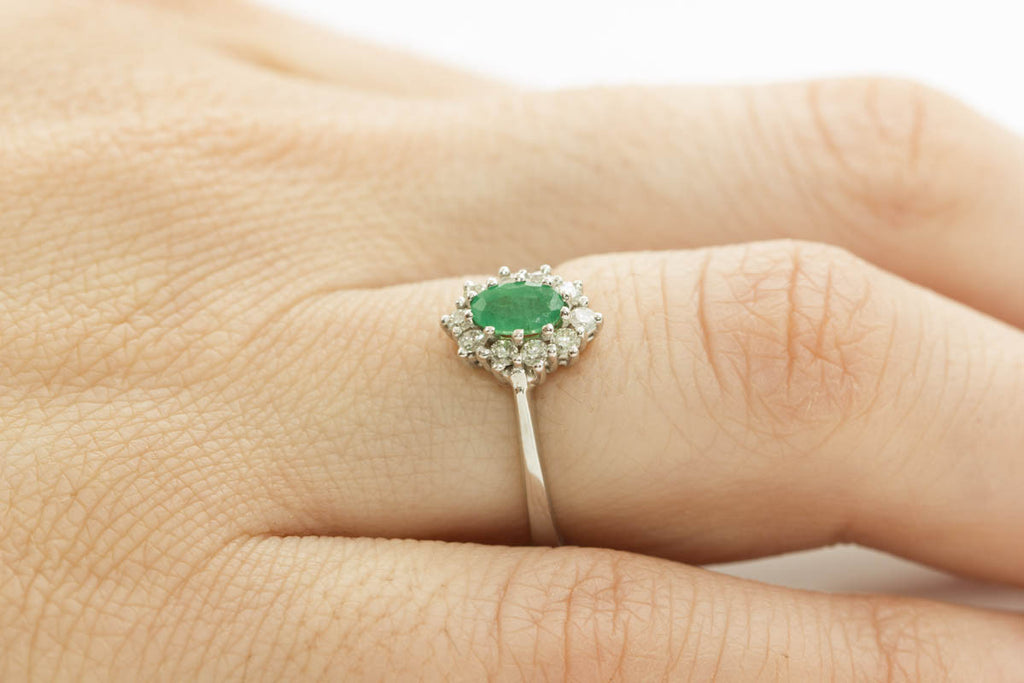 Emerald and Diamond Cluster 18K White Gold Ring