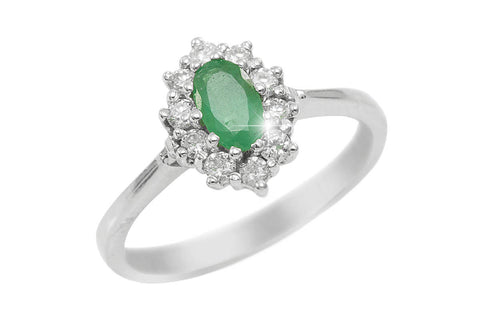 Emerald and Diamond Cluster 18K White Gold Ring