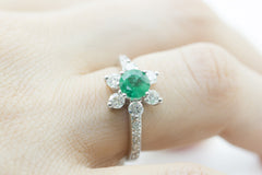 Emerald and Diamond Flower 18K White Gold Ring