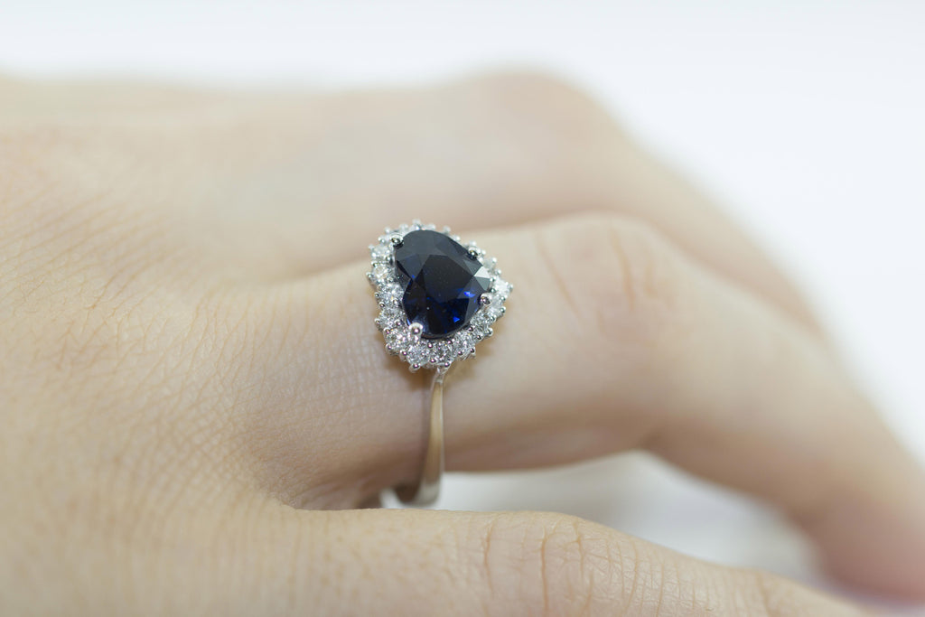 Heart Shaped Blue Sapphire and Diamond 18K White Gold Ring