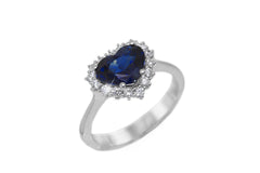 Heart Shaped Blue Sapphire and Diamond 18K White Gold Ring