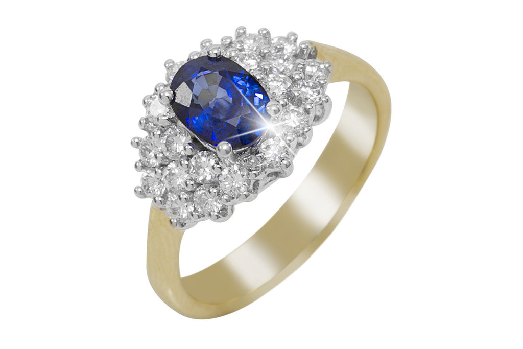Blue Sapphire and Diamond Cluster 18K Yellow Gold Ring - OUT OF STOCK