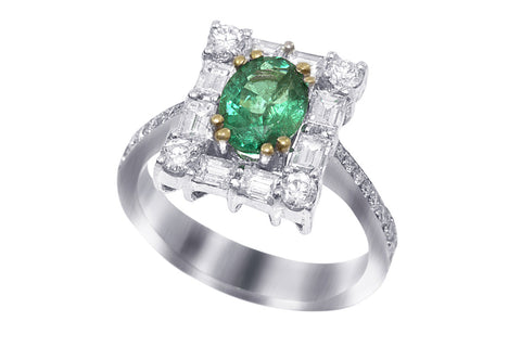 Emerald and Baguette Cut Diamond 18K White Gold Ring