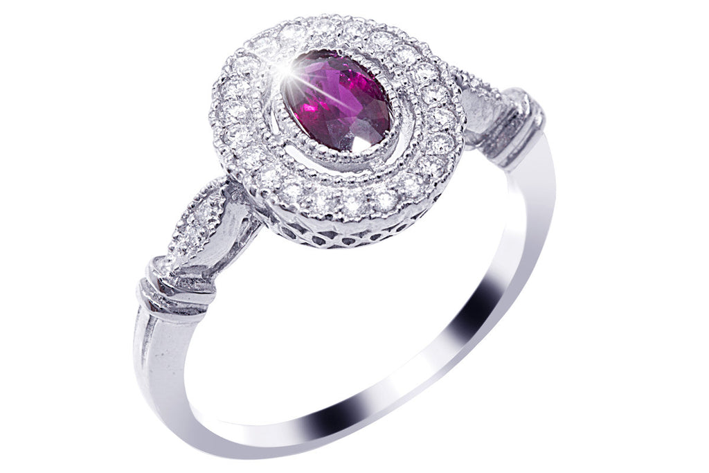 Ruby and Diamond Halo 18K White Gold Ring - OUT OF STOCK