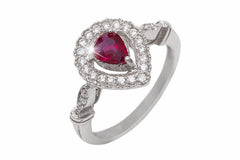 Pear Shaped Ruby and Diamond Halo 18K White Gold Ring
