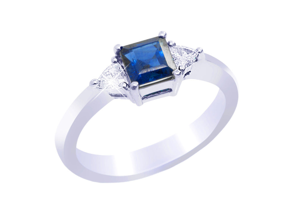 Princess Cut Blue Sapphire and Diamond 18K White Gold Ring - OUT OF STOCK