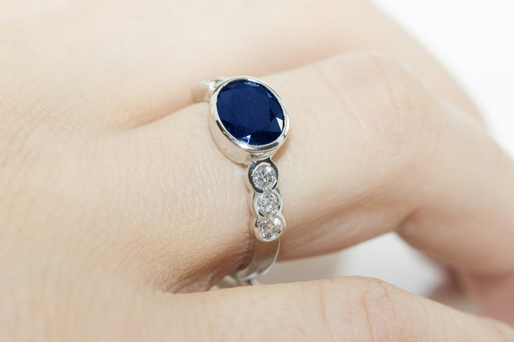 Rub-Over Horizontal Set Sapphire and Diamond 18K White Gold Ring - OUT OF STOCK