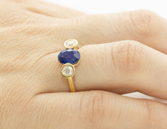 Blue Sapphire and Diamond Trilogy 18K Yellow Gold Ring - OUT OF STOCK