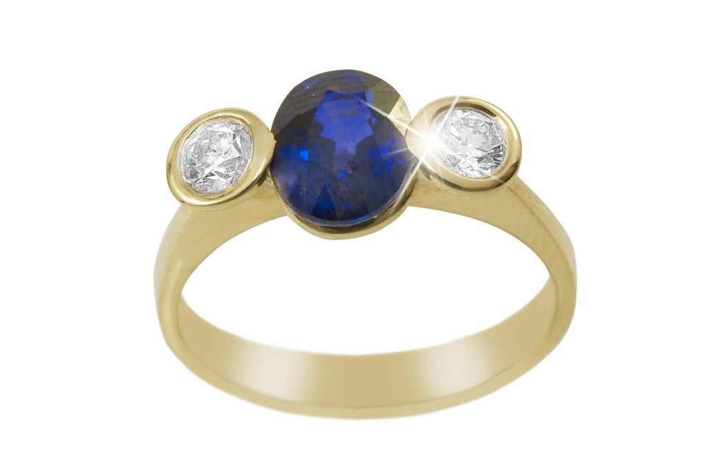 Blue Sapphire and Diamond Trilogy 18K Yellow Gold Ring - OUT OF STOCK