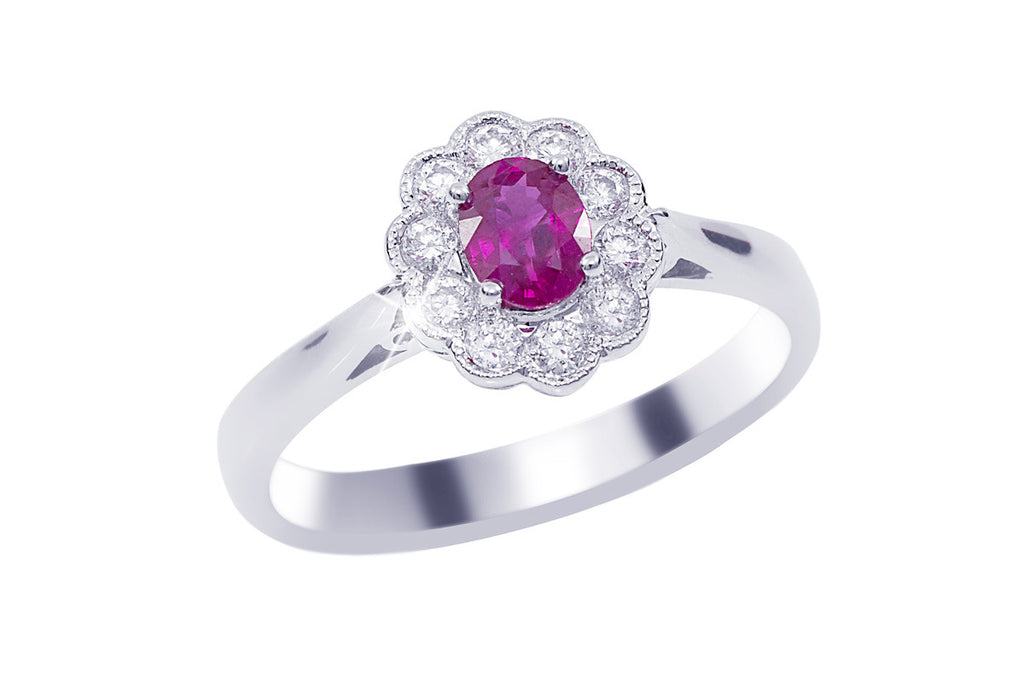 Ruby and Diamond Cluster 18K White Gold Ring