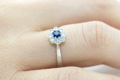 Blue Sapphire and Diamond Cluster 18K White Gold Ring - OUT OF STOCK