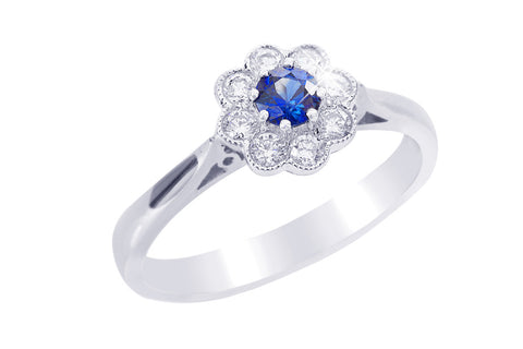 Blue Sapphire and Diamond Cluster 18K White Gold Ring - OUT OF STOCK