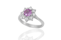 Pink Sapphire and Diamond Cluster 18K White Gold Ring