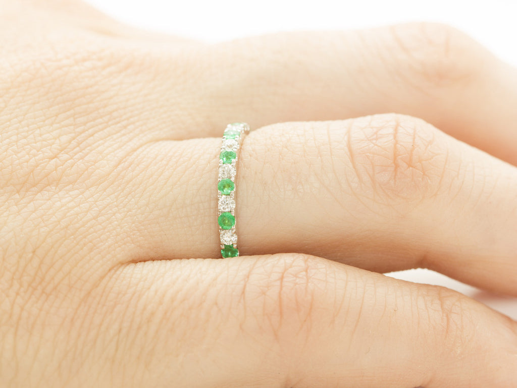 Half Eternity Emerald and Diamond 18K White Gold Ring