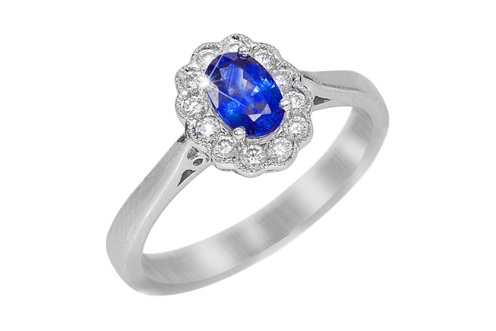 Blue Sapphire and Diamond Halo 18K White Gold Ring - OUT OF STOCK