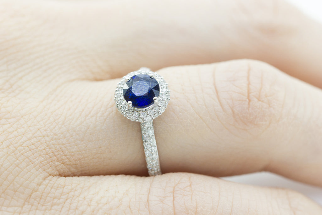 Blue Sapphire and Diamond Halo 18K White Gold Ring - OUT OF STOCK