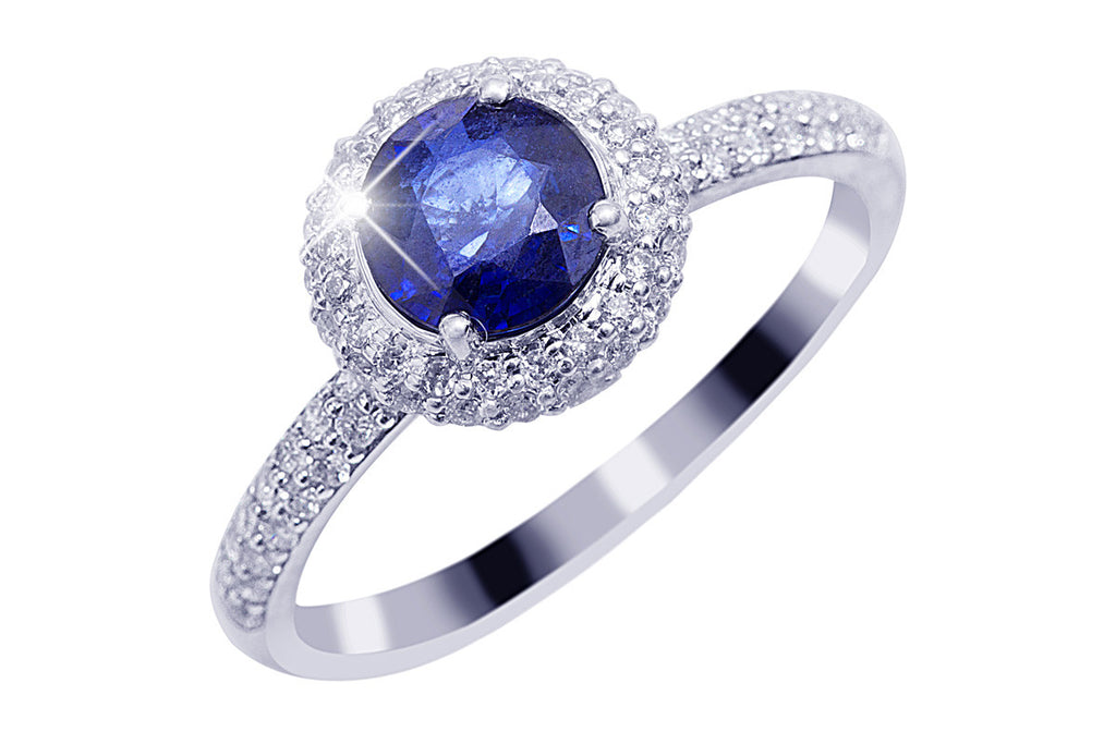 Blue Sapphire and Diamond Halo 18K White Gold Ring - OUT OF STOCK