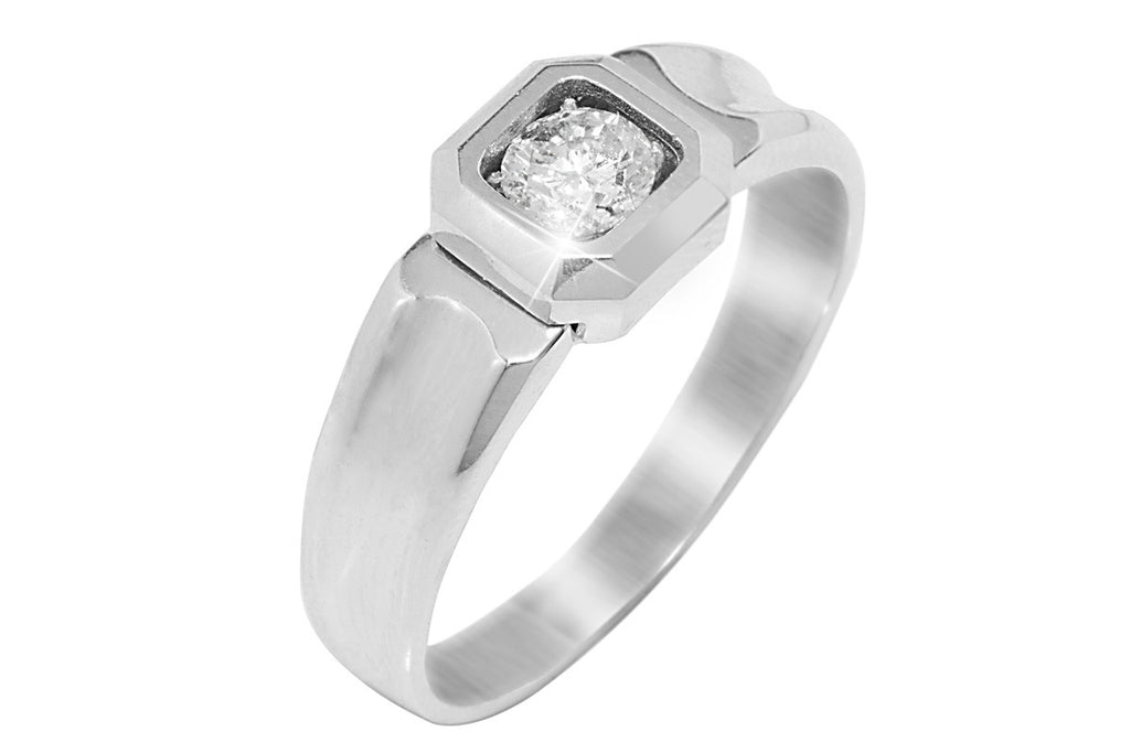 Wide Banded Diamond Solitaire 18K White Gold Ring - OUT OF STOCK