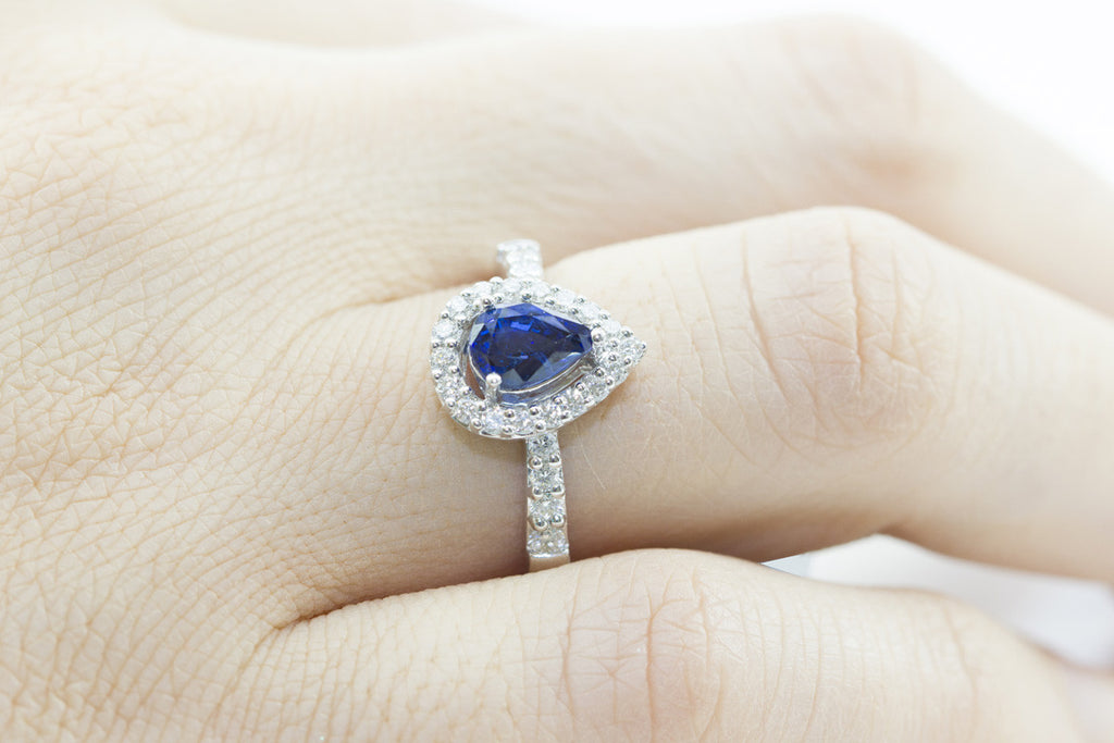 Pear Shaped Blue Sapphire and Diamond 18K White Gold Ring
