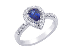 Pear Shaped Blue Sapphire and Diamond 18K White Gold Ring