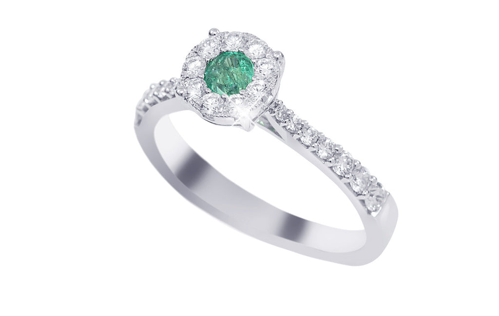 Round Shaped Emerald and Diamond 18K White Gold Ring