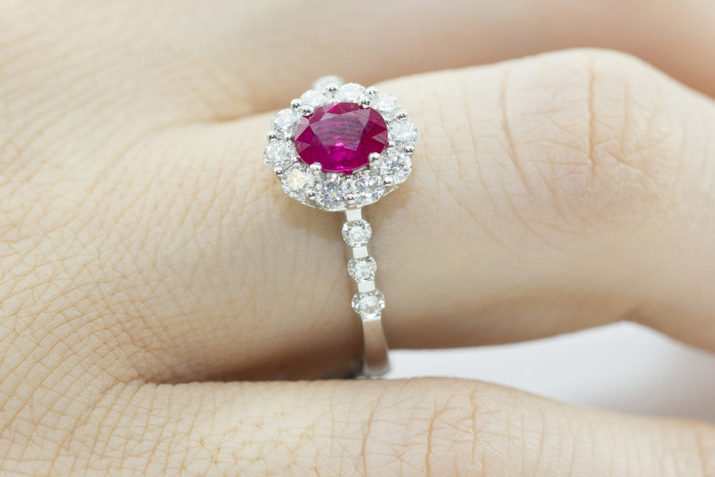 Ruby and Diamond Halo 18K White Gold Ring