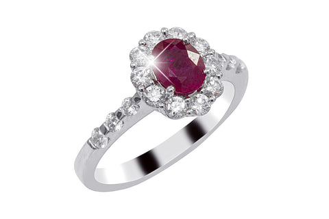 Ruby and Diamond Halo 18K White Gold Ring